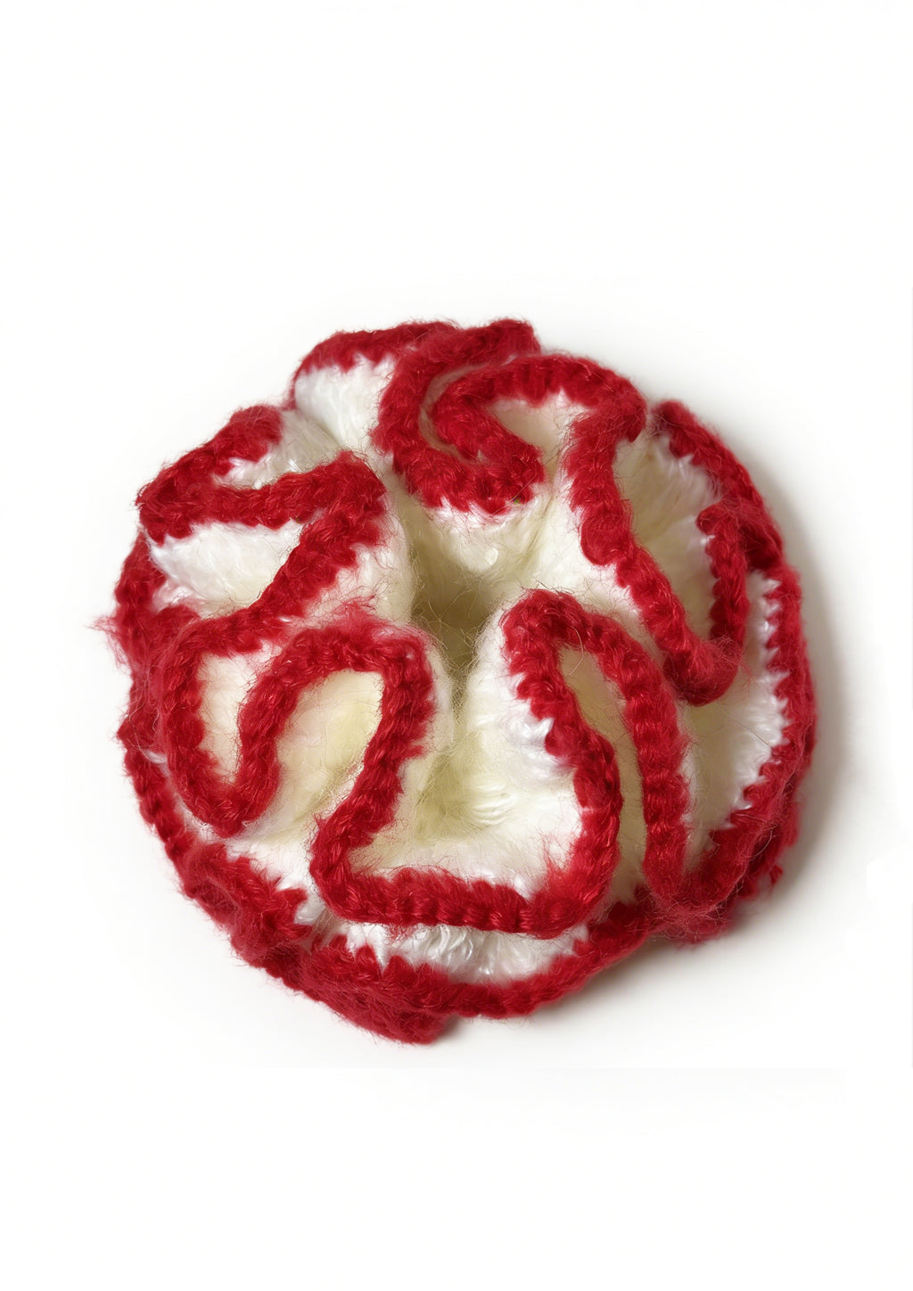 Gigantische gebreide dubbellaagse mohair scrunchie | Wit+Rood 