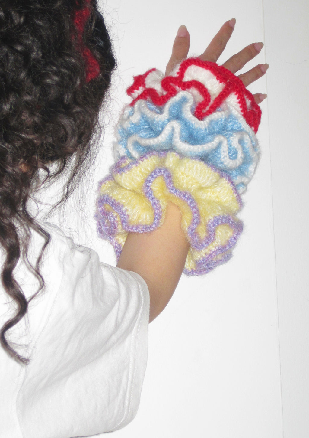 Giant Crochet Double-layers Mohair Scrunchie | Blue+ White