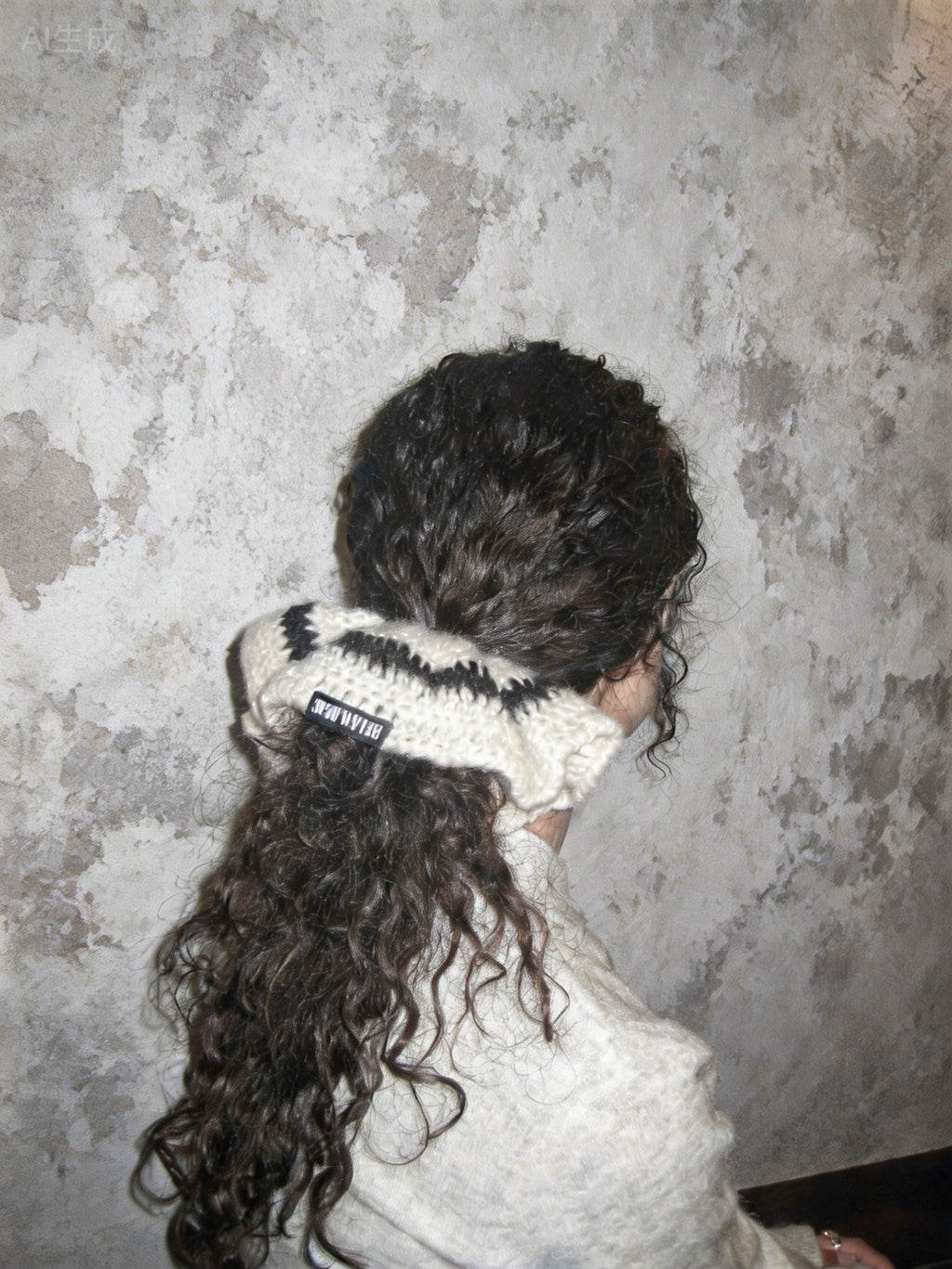 Chouchou extra large en mohair tricoté simple épaisseur | Beige et noir 