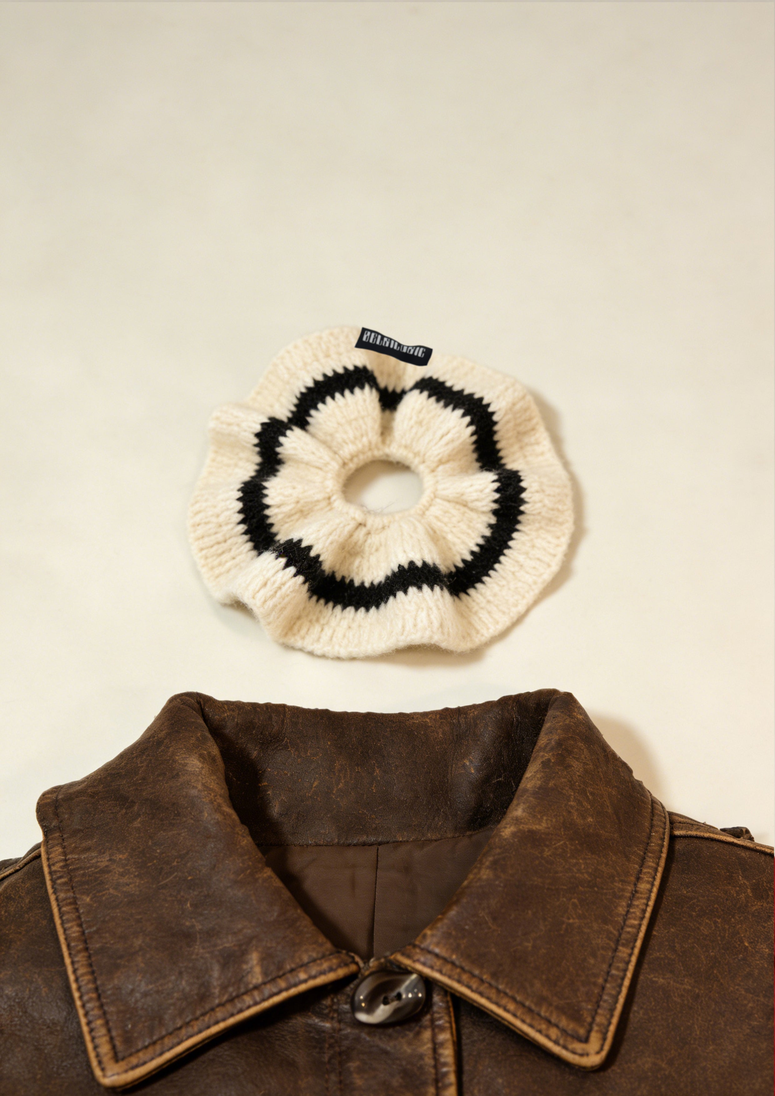 Supersized Crochet Single-layer Mohair Scrunchie | Beige+Black