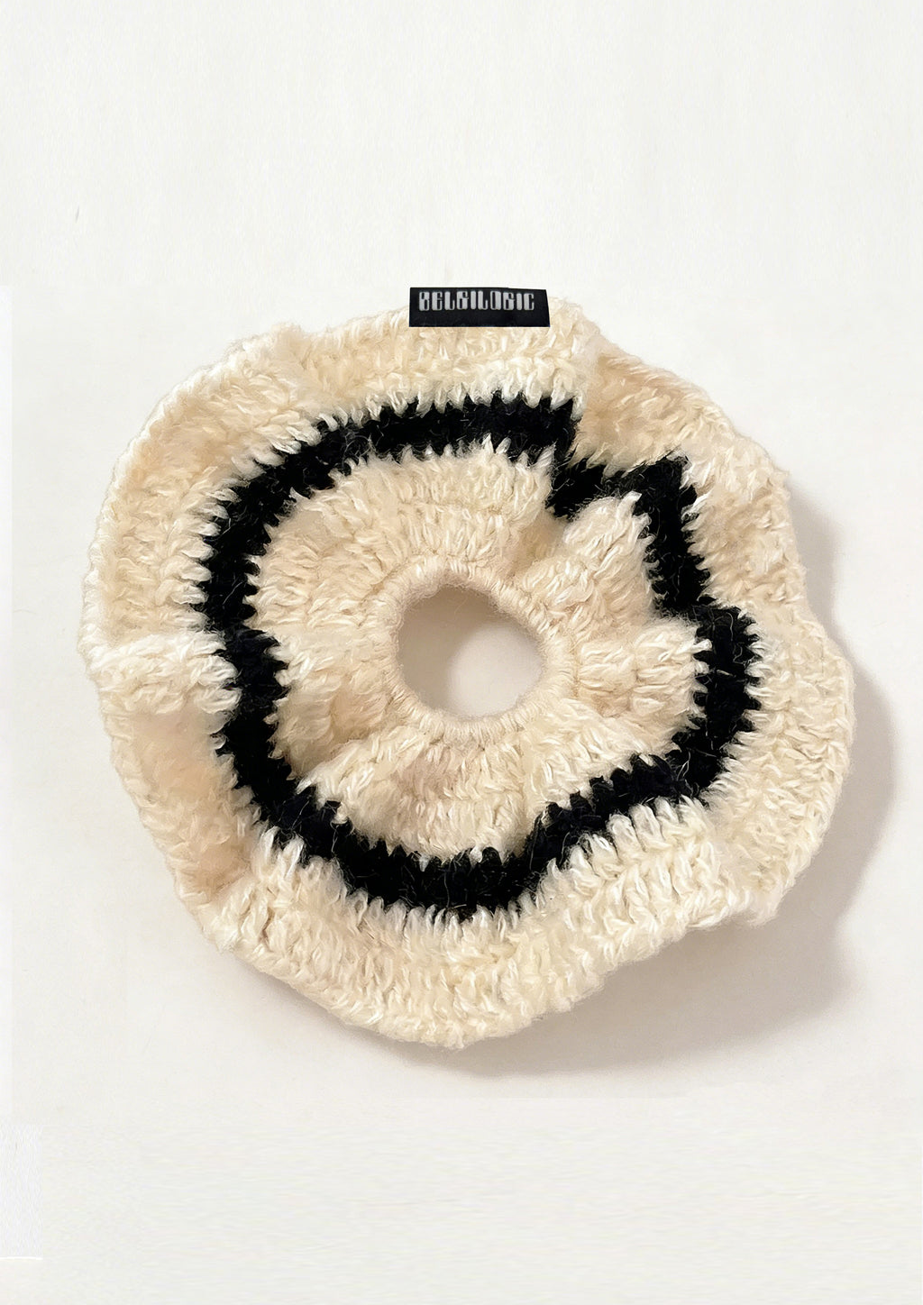 Chouchou extra large en mohair tricoté simple épaisseur | Beige et noir 